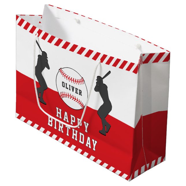 Red Baseball Ball Player Name Birthday  Large Gift Bag (Front Angled)