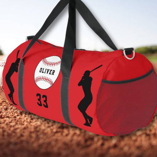 Red Baseball Ball Player Name Number Duffle Bag