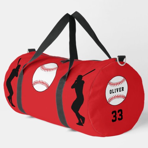 Red Baseball Ball Player Silhouette Name Number Duffle Bag