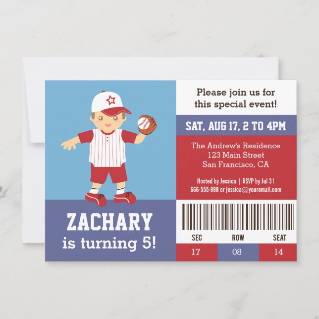 Red Baseball Boy Birthday Party Ticket Invitation (Front)