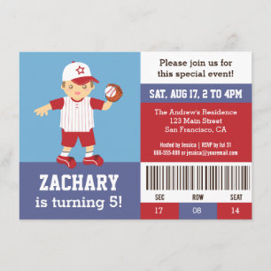 Red Baseball Boy Birthday Party Ticket Invitation