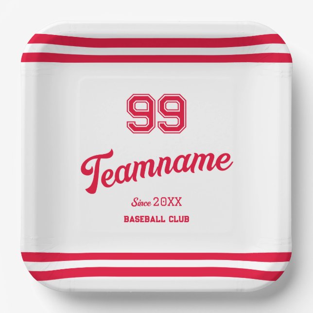 Red Baseball Club Custom Player Number & TeamName Paper Plates (Front)