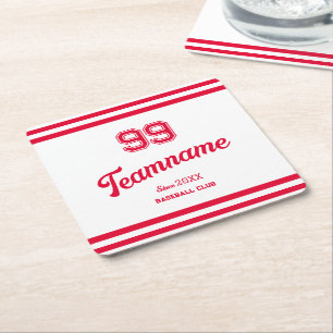 Red Baseball Club Custom Player Number & TeamName Square Paper Coaster