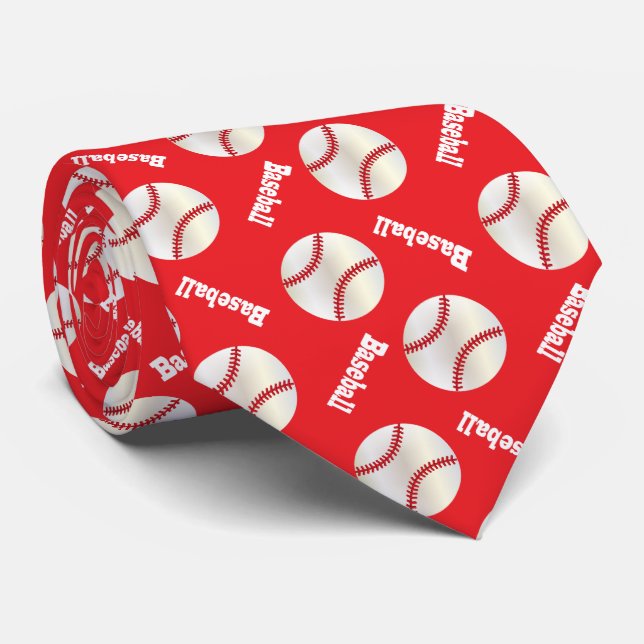 Red Baseball Fun Tie (Rolled)