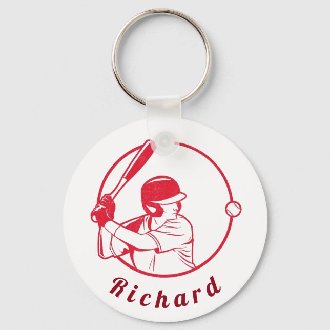 Red Baseball Player Coach Athlete Custom Name Cool Keychain (Front)