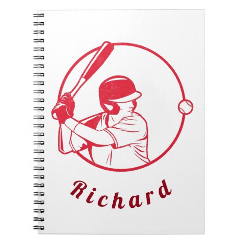 Red Baseball Player Coach Athlete Custom Name Cool Notebook