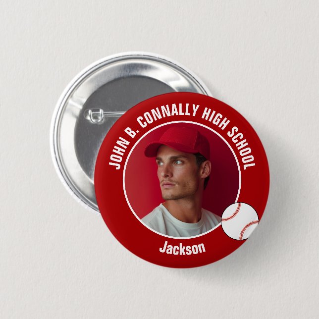 Red Baseball Player Photo High School Spirit Button (Front & Back)