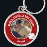 Red Baseball Player Photo High School Spirit Keychain<br><div class="desc">This cool customized high school baseball player photo gift features white typography of your team and player name on a red keychain with a ball. Personalize with your student's photograph and class year as a proud sports parent for a great commemorative keepsake.</div>