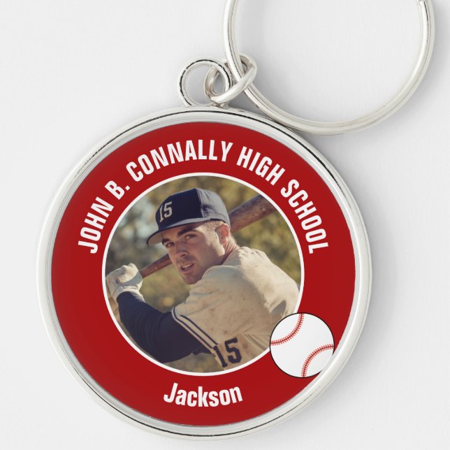 Red Baseball Player Photo High School Spirit Keychain (Front)