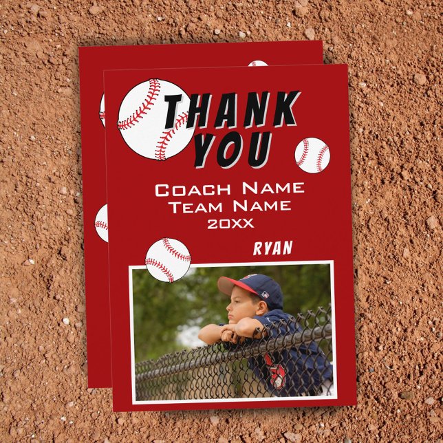 Red Baseball Player Photo Thank you Coach Card (Creator Uploaded)