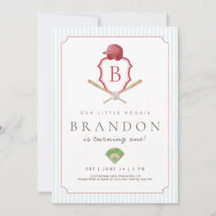 Red Baseball Preppy Crest 1st Birthday Invitation