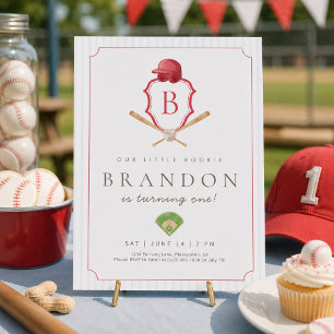 Red Baseball Preppy Crest First Birthday invite