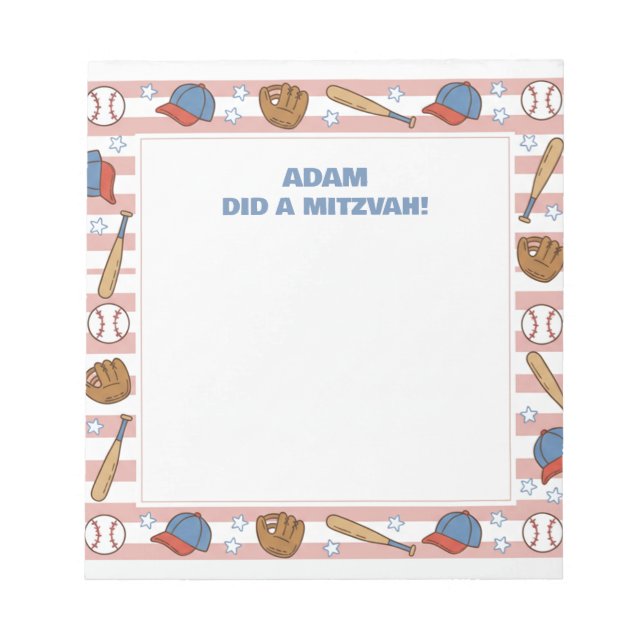 Red Baseball Sport Theme Personalized Mitzvah  Notepad (Front)