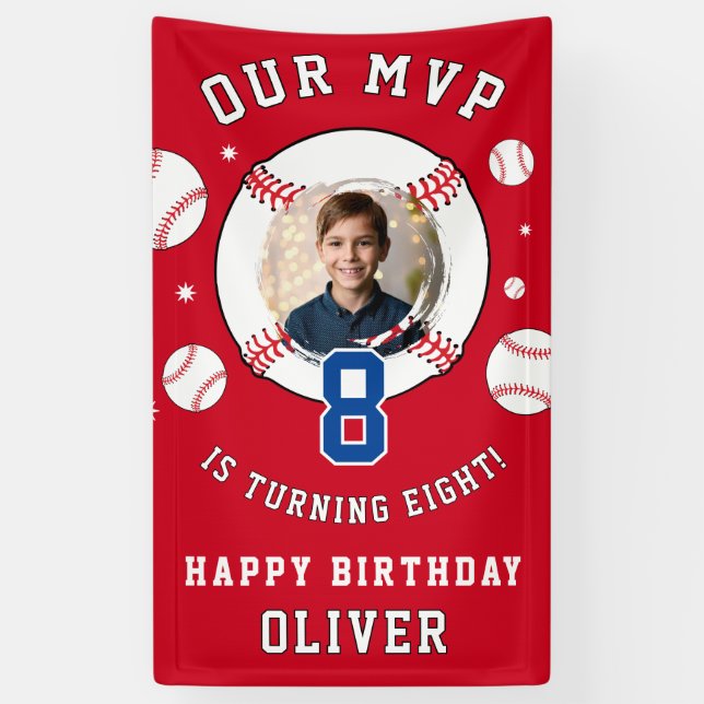 Red Baseball Themed Kids Birthday Photo Banner (Vertical)