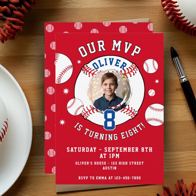 Red Baseball Themed Kids Birthday Photo Invitation (Creator Uploaded)