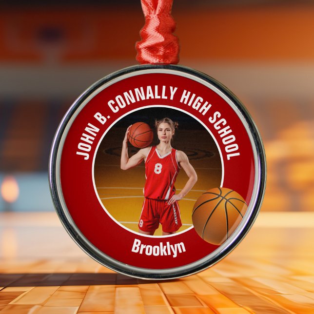 Red Basketball Player Photo Christmas Metal Ornament (Creator Uploaded)