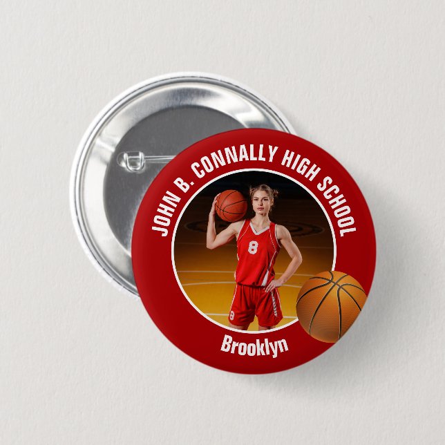 Red Basketball Player Photo High School Spirit Button (Front & Back)