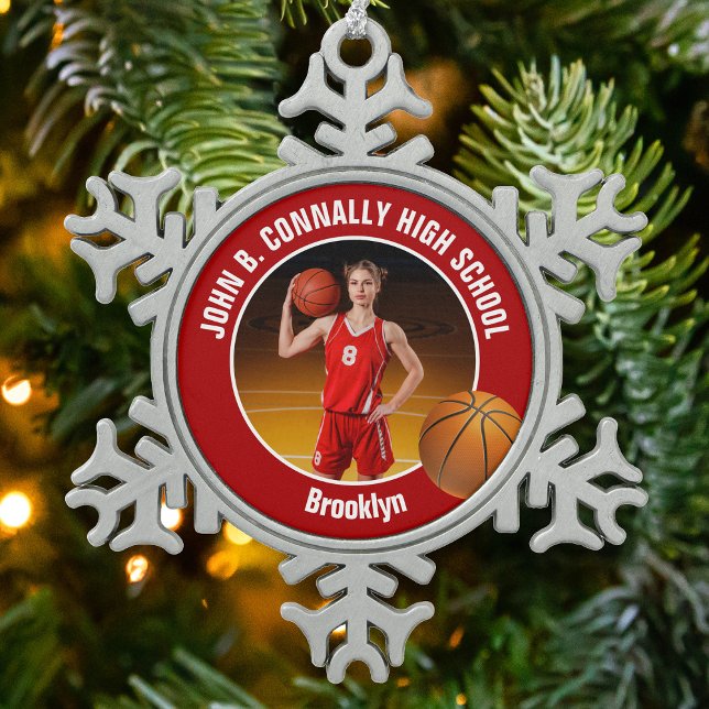 Red Basketball Player Photo Keepsake Gift Snowflake Pewter Christmas Ornament (Creator Uploaded)
