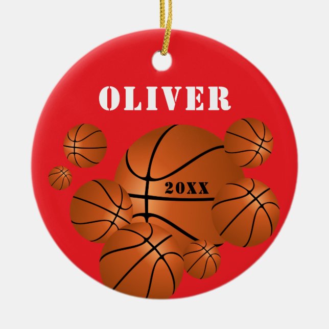 Red Basketball Sports Kids Keepsake Christmas Ceramic Ornament (Front)