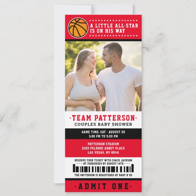 Red Basketball Ticket Couples Baby Shower Photo Invitation (Front)