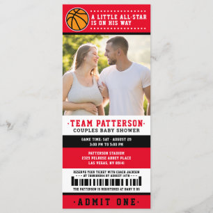 Red Basketball Ticket Couples Baby Shower Photo Invitation