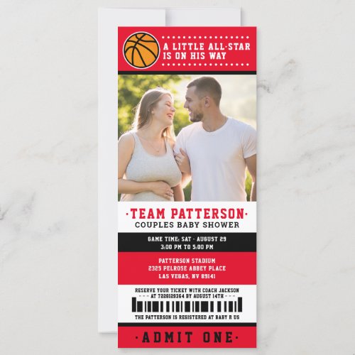 Red Basketball Ticket Couples Baby Shower Photo Invitation