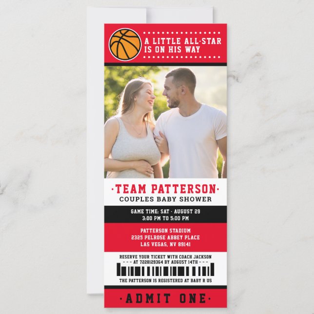 Red Basketball Ticket Couples Baby Shower Photo Invitation (Front)