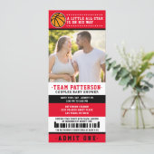 Red Basketball Ticket Couples Baby Shower Photo Invitation (Standing Front)