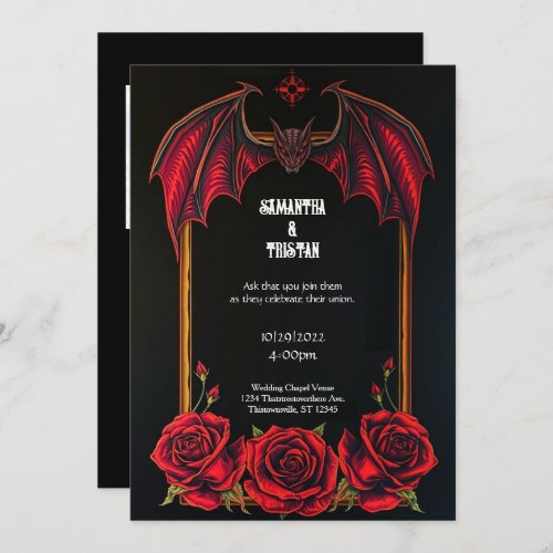 Red Bat and Roses Gothic Wedding Invitation