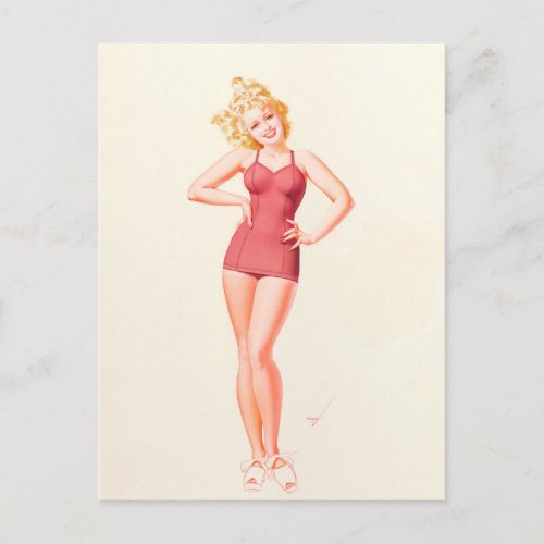 Red Bathing Suit Pin Up Art Postcard