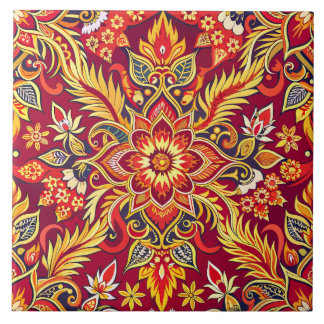 Red Batik Pattern Floral Print Traditional Ethnic Ceramic Tile