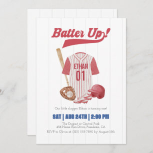 Red Batter Up Baseball First Birthday Invitation