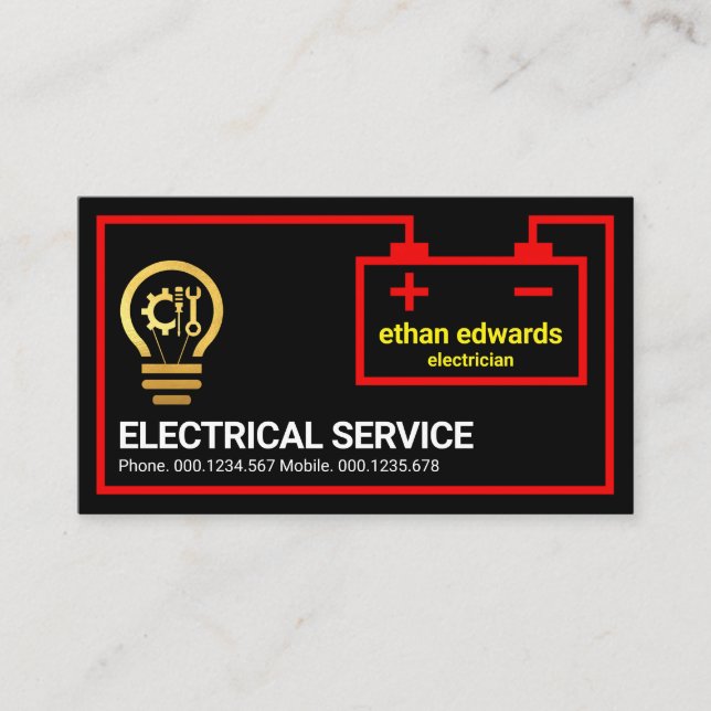Red Battery Electrical Circuit Frame Business Card (Front)