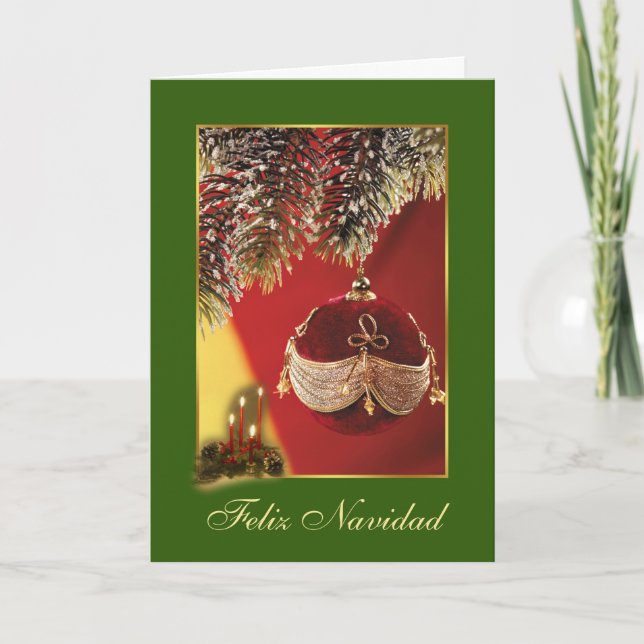 Red bauble, spruce Spanish Christmas Holiday Card (Front)
