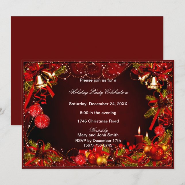 Red Baubles Bells Candles Christmas Party Invitation (Front/Back)