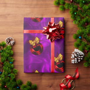 Red Baubles on Swirling Purple Christmas Wrapping Paper