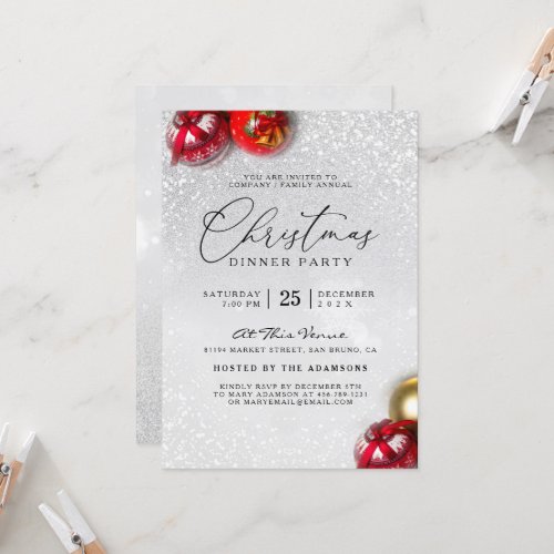 Red Baubles Silver Glitter Christmas Dinner Party Invitation