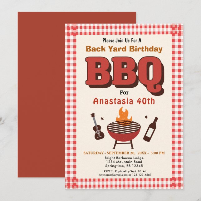 Red BBQ Barbecue Country Western BackYard Birthday Invitation (Front/Back)