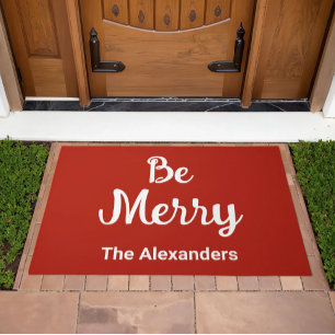 Red Be Merry with Name Doormat