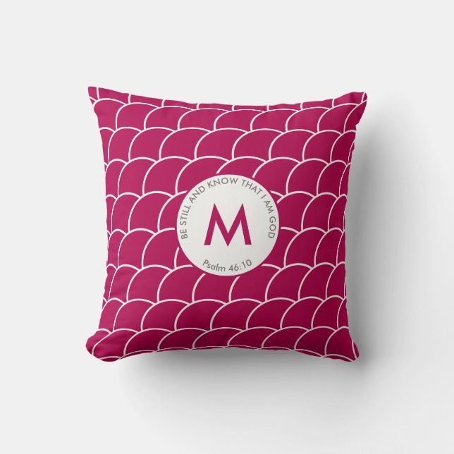 Red BE STILL AND KNOW Scallop Scales Monogram Throw Pillow (Front)