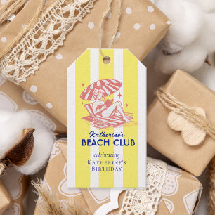 Red Beach Girl Yellow Stripes Birthday Party Gift Tags