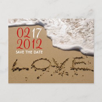 Red Beach "love In The Sand" Save The Date Announcement Postcard by party_depot at Zazzle