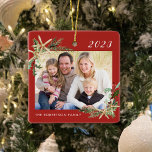 Red Beach Starfish Family Photo Christmas  Ceramic Ornament<br><div class="desc">This beach inspired Christmas ornament with festive red background and white text makes a great annual holiday keepsake, easily customized for a unique gift with the photo and text templates. Holiday watercolor sprigs of holly, pine, and starfish in two corners frame the photo on both sides. Please contact me through...</div>