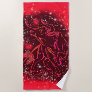 Red Beach Towel Bull Running At Starry Night