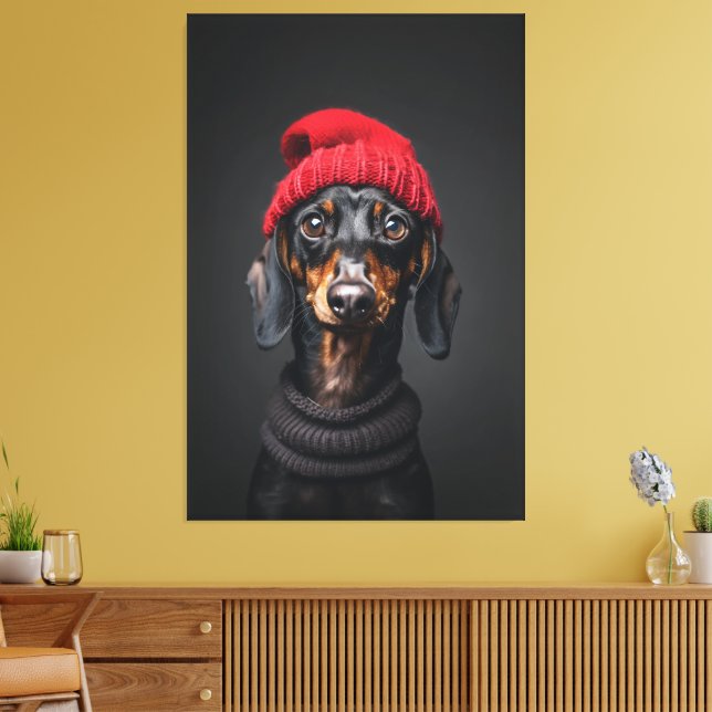 Red Beanie Dachshund Canvas Print (Insitu(LivingRoom))