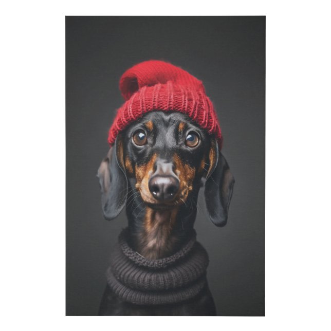 Red Beanie Dachshund Faux Canvas Print (Front)