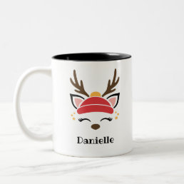 Red Beanie Reindeer Face Personalized Name Holiday Two-Tone Coffee Mug