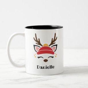 Red Beanie Reindeer Face Personalized Name Holiday Two-Tone Coffee Mug