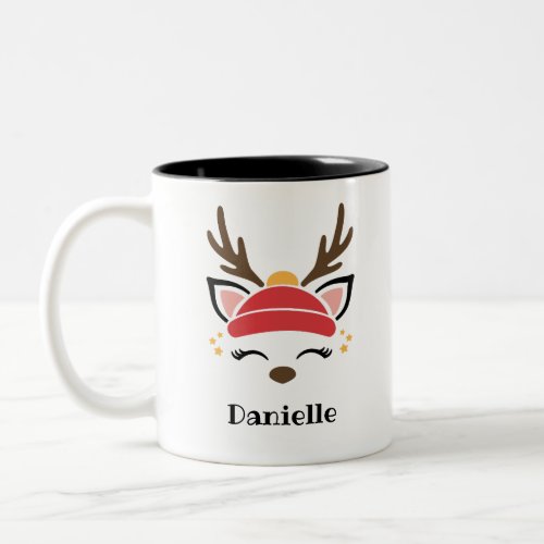 Red Beanie Reindeer Face Personalized Name Holiday Two_Tone Coffee Mug