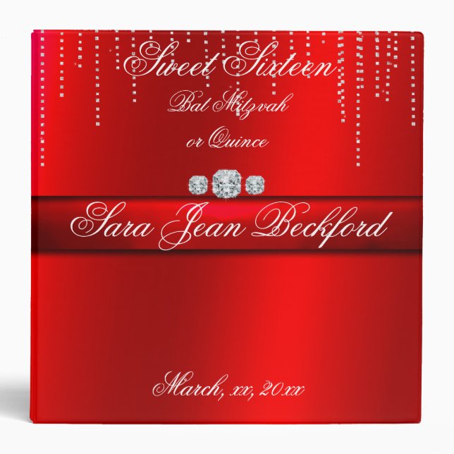 Red, Beautiful Diamonds, Sparkle Gems, Quinceanera 3 Ring Binder (Front)